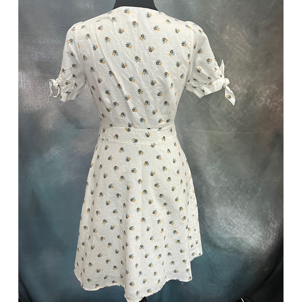 Gap Women White Floral Linen Blend‎ Button Front Tie Sleeve Mini Dress Size 0 - Picture 4 of 7
